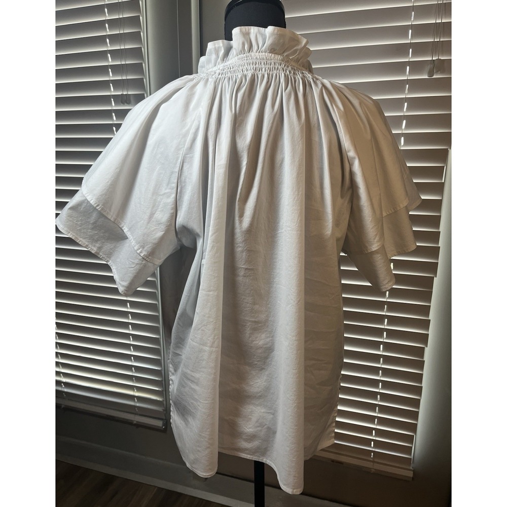 Ming Wang White Poplin Blouse Ruffle Neck Flutter Sleeve Minimalist Top Womens L - Picture 3 of 12